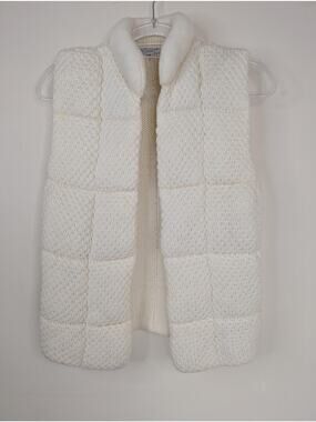 Vintage Knit Quilted Vest Womens Medium Cream Puffer Sleeveless Cozy Open Front